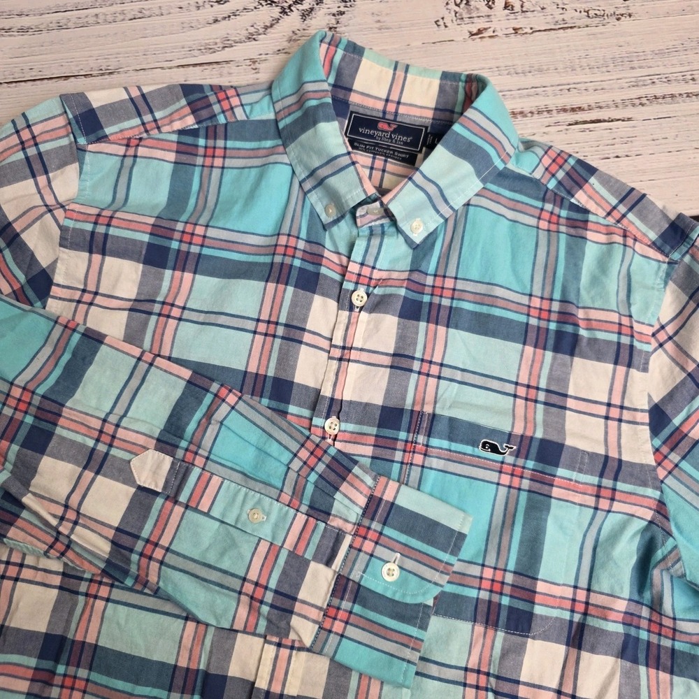 Vineyard Vine Men Large Blue Plaid Long Sleeve Button Down Slim Fit Tucker Shirt